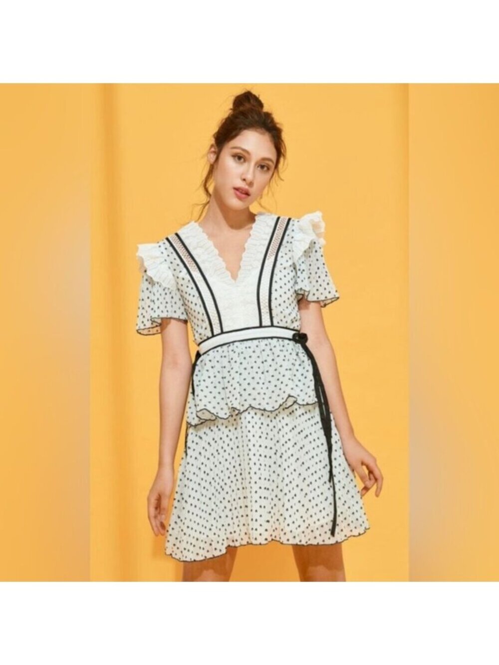 Self-Portrait Plumetis Frill Dress White & Black Pleated Size 2 NWT | Polka Dot